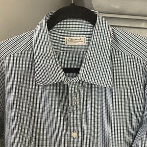 Charvet Men's Blue and White Micro-Check Dress Shirt. Size Large